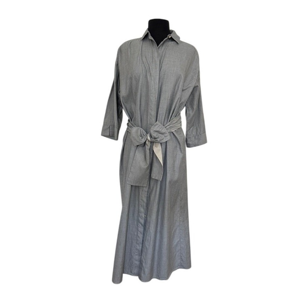 Sylvia Heisel Shirt Dress 2 Gray Maxi Button Front Tie Waist Capsule Luxe Career